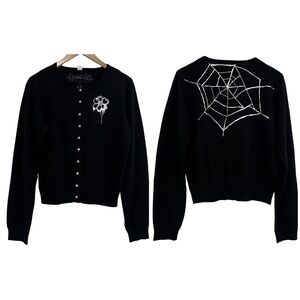 Charlotte’s Web Black Cashmere Cardigan Sweater Rhinestone Metallic Print XL